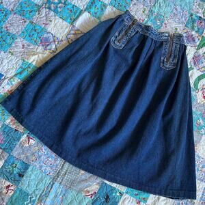 Vintage 70s Handmade Denim Midi Skirt Double Talon Zip + Pockets S M